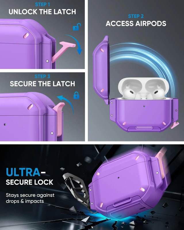 Alt view image 4 of 7 - for AirPods Pro 3 Case Cover with Lock, Waterproof, Purple Secure Lock, IP68 Waterproof, MilitaryGrade Shockproof, Keychain, Phone Stand, Cleaner Kit