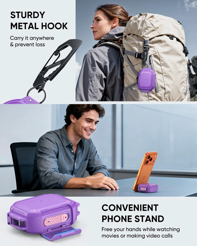 Alt view image 5 of 7 - for AirPods Pro 3 Case Cover with Lock, Waterproof, Purple Secure Lock, IP68 Waterproof, MilitaryGrade Shockproof, Keychain, Phone Stand, Cleaner Kit