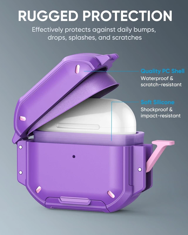 Alt view image 7 of 7 - for AirPods Pro 3 Case Cover with Lock, Waterproof, Purple Secure Lock, IP68 Waterproof, MilitaryGrade Shockproof, Keychain, Phone Stand, Cleaner Kit