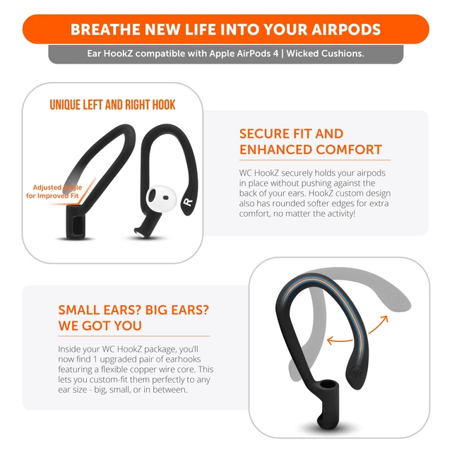 Alt view image 3 of 7 - HookZ - Adjustable Over-Ear Hooks for AirPods 4 Made by Wicked Cushions Malleable Core for Custom Fit, Secure & Comfortable, Patent Pending Black