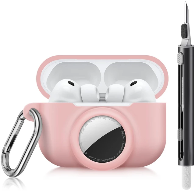 Main image of 2 in 1 Case for AirPods Pro 3 and AirTag (Pink) Soft Silicone Protective Case Cover for AirPods Pro 3 Accessories with Cleaning Kit & Carabiner