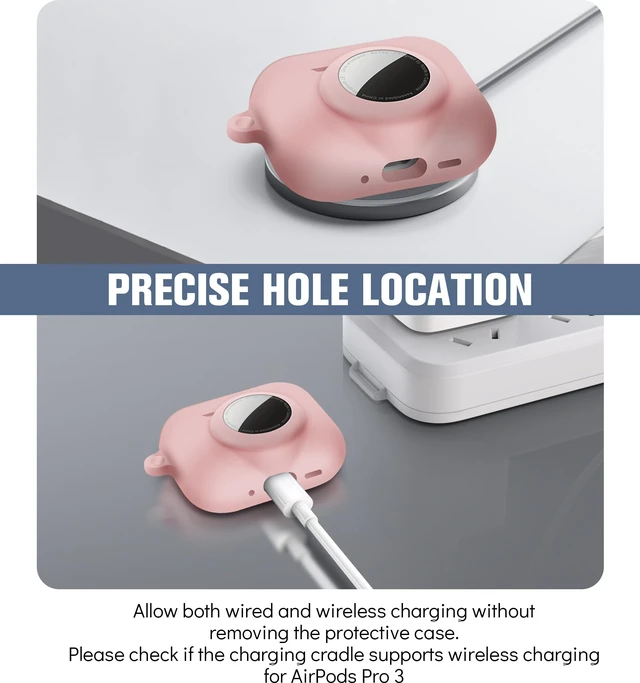 Alt view image 5 of 7 - 2 in 1 Case for AirPods Pro 3 and AirTag (Pink) Soft Silicone Protective Case Cover for AirPods Pro 3 Accessories with Cleaning Kit & Carabiner