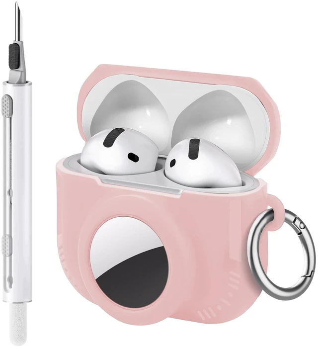 Main image of 2 in 1 Case for AirPods 4 and AirTag (Pink) Soft Silicone Protective Case Cover for AirPods 4th Generation with Cleaning Kit & Carabiner