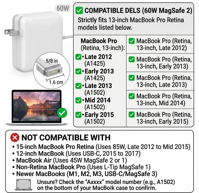 Alt view image 2 of 5 - UL Certified 60W MacBook Pro Charger Replacement, MagSafe 2 Compatible with MacBook Pro 13 Inch Retina (2012-2015) & MacBook Air 11/13 Inch (2012-2017), A1425 A1435 A1465 A1466 A1502