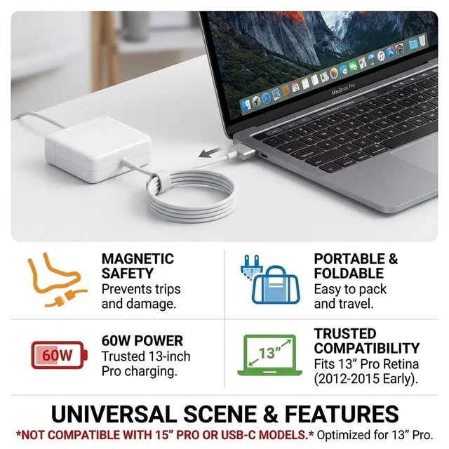 Alt view image 4 of 5 - UL Certified 60W MacBook Pro Charger Replacement, MagSafe 2 Compatible with MacBook Pro 13 Inch Retina (2012-2015) & MacBook Air 11/13 Inch (2012-2017), A1425 A1435 A1465 A1466 A1502