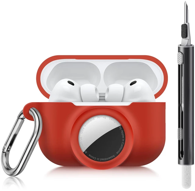 Main image of 2 in 1 Case for AirPods Pro 3 and AirTag (Red) Soft Silicone Protective Case Cover for AirPods Pro 3 Accessories with Cleaning Kit & Carabiner
