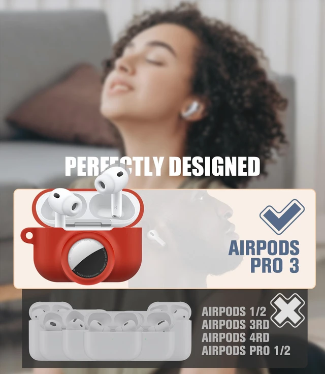 Alt view image 2 of 7 - 2 in 1 Case for AirPods Pro 3 and AirTag (Red) Soft Silicone Protective Case Cover for AirPods Pro 3 Accessories with Cleaning Kit & Carabiner