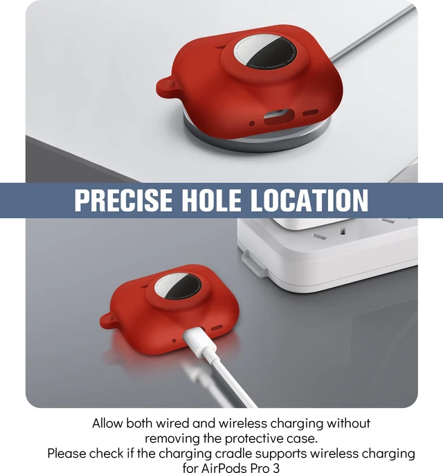 Alt view image 5 of 7 - 2 in 1 Case for AirPods Pro 3 and AirTag (Red) Soft Silicone Protective Case Cover for AirPods Pro 3 Accessories with Cleaning Kit & Carabiner