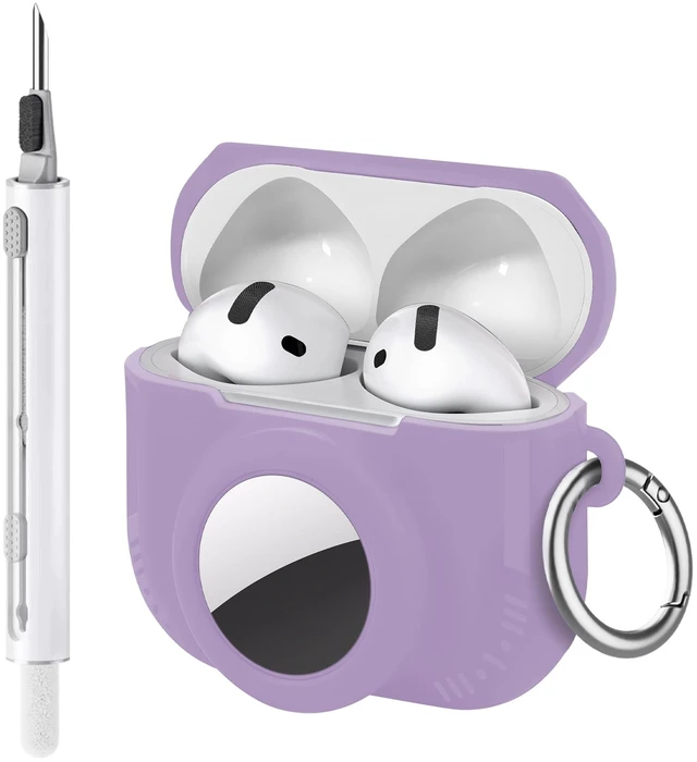 Main image of 2 in 1 Case for AirPods 4 and AirTag (Purple) Soft Silicone Protective Case Cover for AirPods 4th Generation with Cleaning Kit & Carabiner