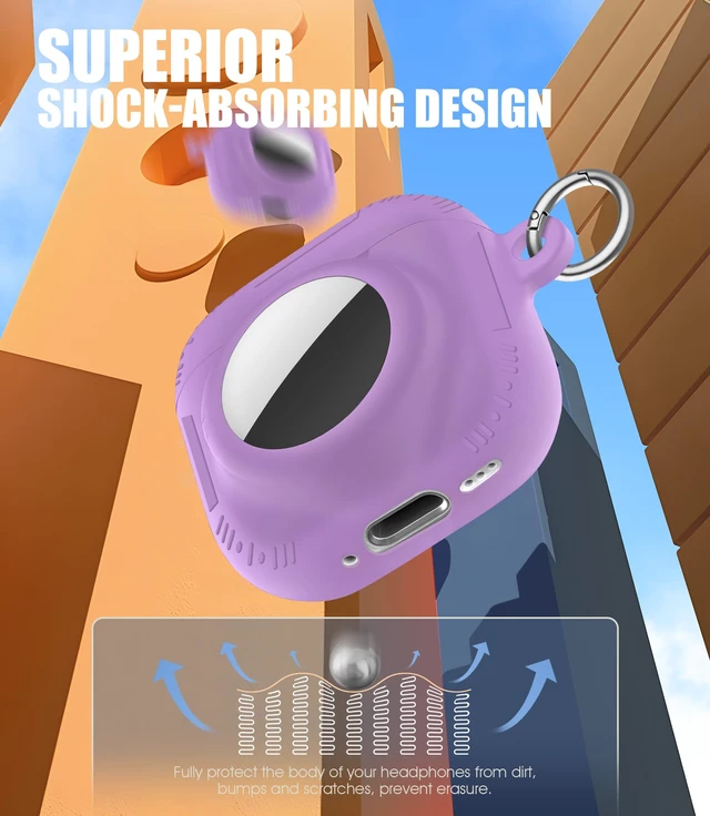 Alt view image 2 of 7 - 2 in 1 Case for AirPods 4 and AirTag (Purple) Soft Silicone Protective Case Cover for AirPods 4th Generation with Cleaning Kit & Carabiner