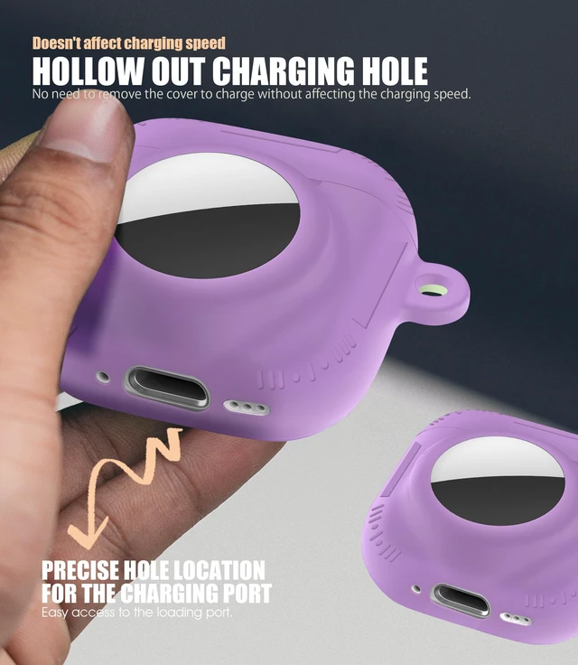 Alt view image 5 of 7 - 2 in 1 Case for AirPods 4 and AirTag (Purple) Soft Silicone Protective Case Cover for AirPods 4th Generation with Cleaning Kit & Carabiner