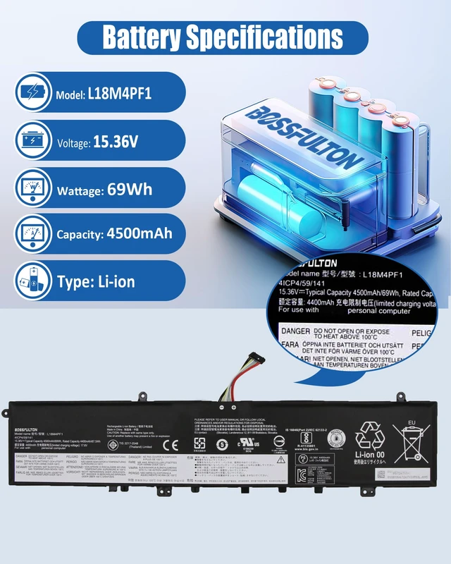 Alt view image 2 of 7 - 69Wh L18M4PF1 L18D4PF1 Battery Replacement for Lenovo Yoga 9-15IMH5 82DE Compatible With Yoga C940-15IRH 81TE IdeaPad S740-15IRH Series 15.36V 4500mah (Long Cable)