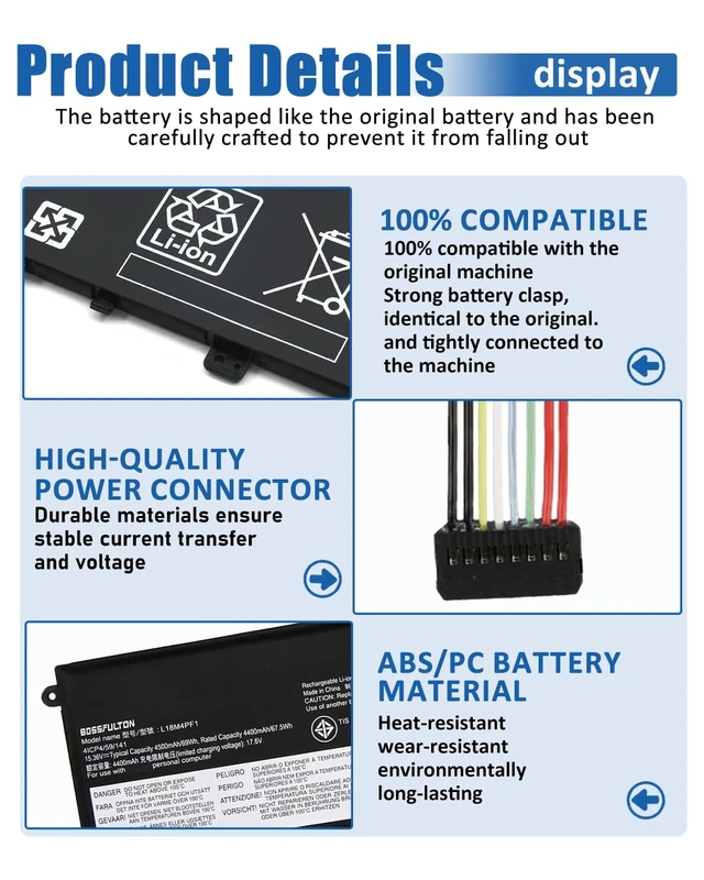 Alt view image 4 of 7 - 69Wh L18M4PF1 L18D4PF1 Battery Replacement for Lenovo Yoga 9-15IMH5 82DE Compatible With Yoga C940-15IRH 81TE IdeaPad S740-15IRH Series 15.36V 4500mah (Long Cable)