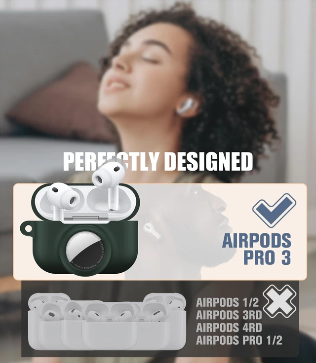 Alt view image 2 of 7 - 2 in 1 Case for AirPods Pro 3 and AirTag (Dark Green) Soft Silicone Protective Case Cover for AirPods Pro 3 Accessories with Cleaning Kit & Carabiner