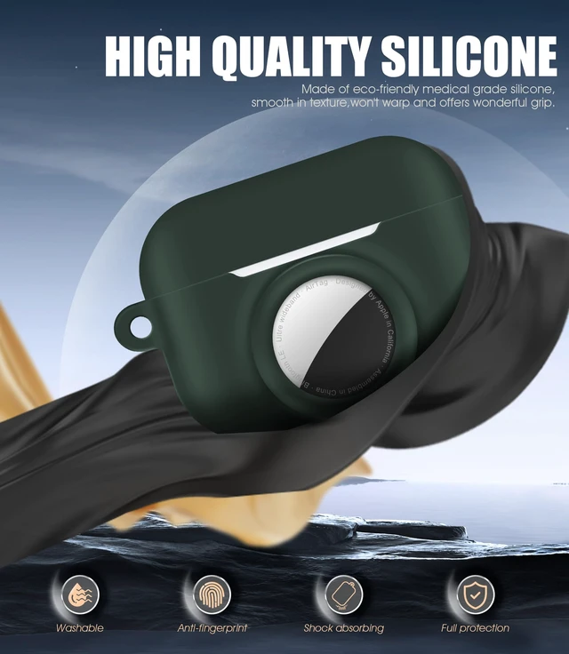 Alt view image 4 of 7 - 2 in 1 Case for AirPods Pro 3 and AirTag (Dark Green) Soft Silicone Protective Case Cover for AirPods Pro 3 Accessories with Cleaning Kit & Carabiner