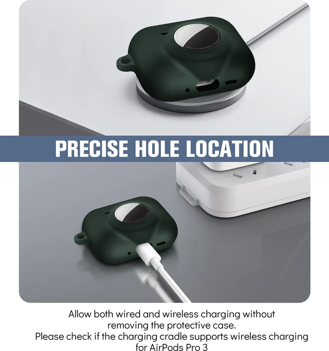 Alt view image 5 of 7 - 2 in 1 Case for AirPods Pro 3 and AirTag (Dark Green) Soft Silicone Protective Case Cover for AirPods Pro 3 Accessories with Cleaning Kit & Carabiner