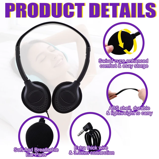 Alt view image 3 of 7 - 10 Pack Over Ear Wired Headphones Bulk for School Classroom Student, Adjustable Headband with 3.5mm Jack, Lightweight Design Earphones for Classroom Learning and Testing (Black)