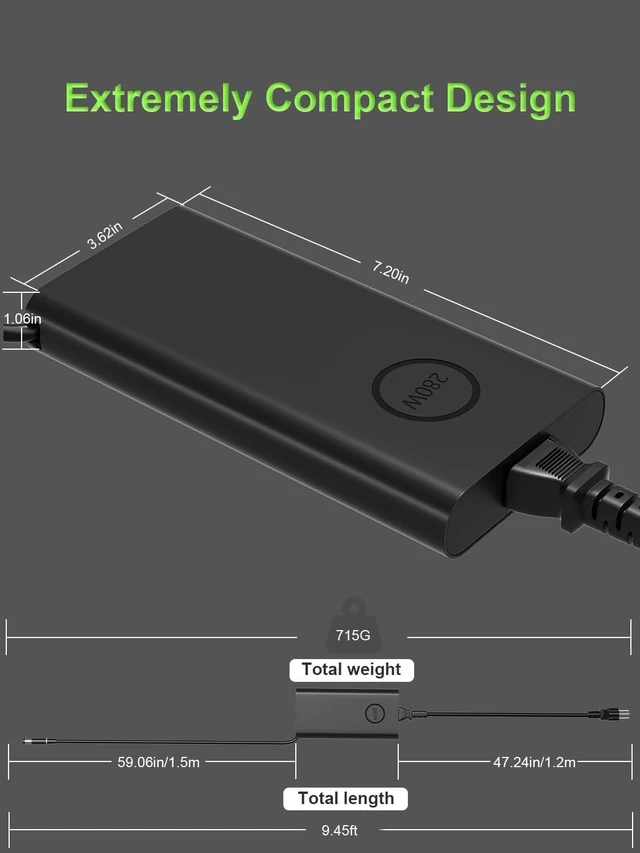 Alt view image 4 of 7 - GaN 280W Charger 7.4mm Fit for Dell Laptop Alienware 16X 18 16 M16 M18 R2, Precision 3280 3260 Compact 7780 7770, Dell Pro Max Micro Desktop Power Adapter LA280PM230