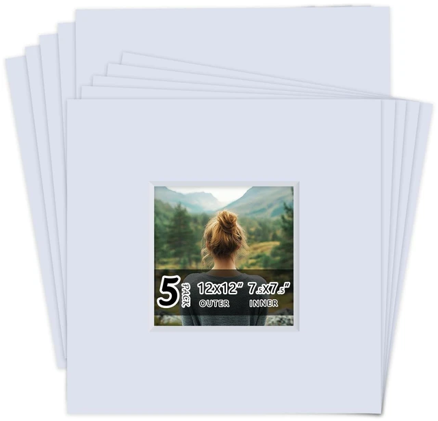 Main image of 5 Pack Acid Free 12x12 White Picture Mats Board Kit for 8x8 4-Ply Beveled Pre-Cut Photo Mats with Backing Board for Frames, Artwork and Prints