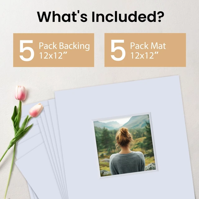 Alt view image 3 of 6 - 5 Pack Acid Free 12x12 White Picture Mats Board Kit for 8x8 4-Ply Beveled Pre-Cut Photo Mats with Backing Board for Frames, Artwork and Prints