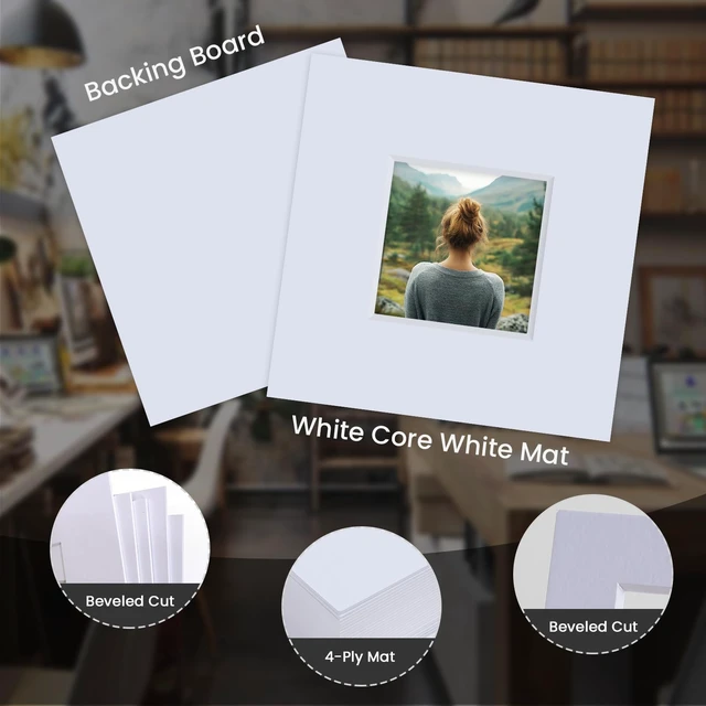 Alt view image 4 of 6 - 5 Pack Acid Free 12x12 White Picture Mats Board Kit for 8x8 4-Ply Beveled Pre-Cut Photo Mats with Backing Board for Frames, Artwork and Prints