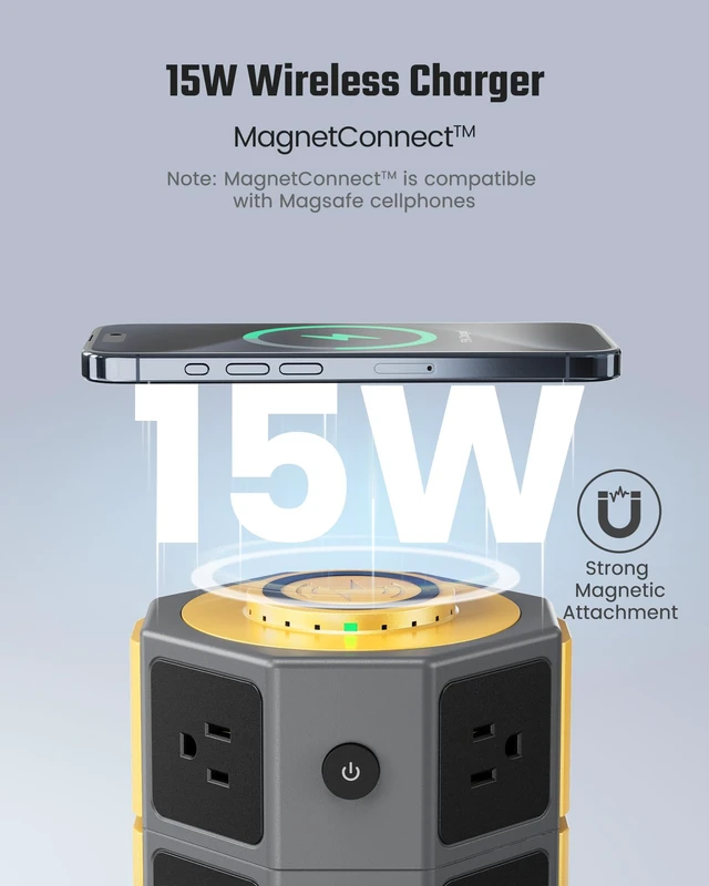 Alt view image 2 of 7 - 8 AC 15W Wireless Charger Power Strip Tower, 13A, 1050J, Gold Surge Protector Tower, Charging Station with 8 AC Outlets & 6 USB Ports (2 USB C), 6.5ft Extension Cord for Home Office Dorm