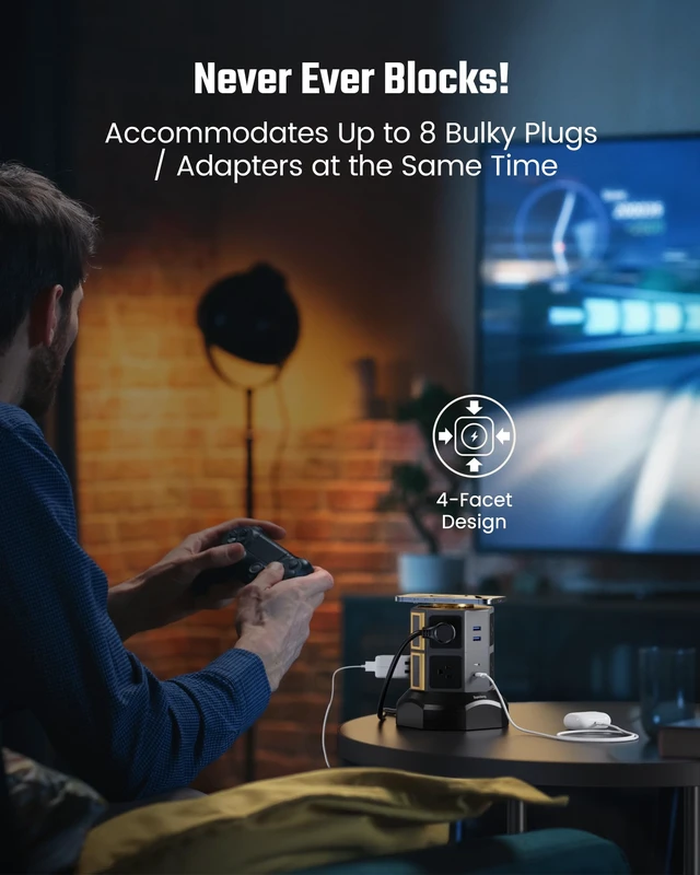 Alt view image 3 of 7 - 8 AC 15W Wireless Charger Power Strip Tower, 13A, 1050J, Gold Surge Protector Tower, Charging Station with 8 AC Outlets & 6 USB Ports (2 USB C), 6.5ft Extension Cord for Home Office Dorm