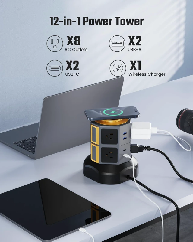 Alt view image 4 of 7 - 8 AC 15W Wireless Charger Power Strip Tower, 13A, 1050J, Gold Surge Protector Tower, Charging Station with 8 AC Outlets & 6 USB Ports (2 USB C), 6.5ft Extension Cord for Home Office Dorm