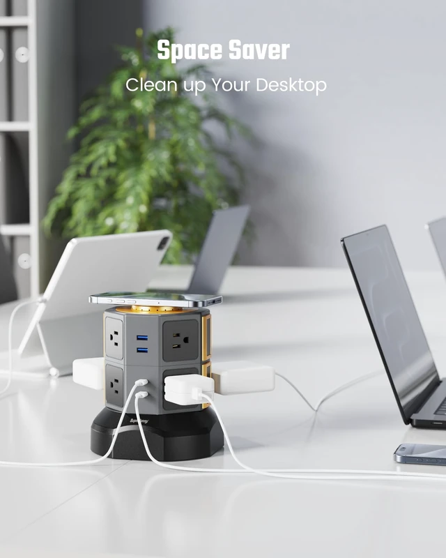 Alt view image 7 of 7 - 8 AC 15W Wireless Charger Power Strip Tower, 13A, 1050J, Gold Surge Protector Tower, Charging Station with 8 AC Outlets & 6 USB Ports (2 USB C), 6.5ft Extension Cord for Home Office Dorm