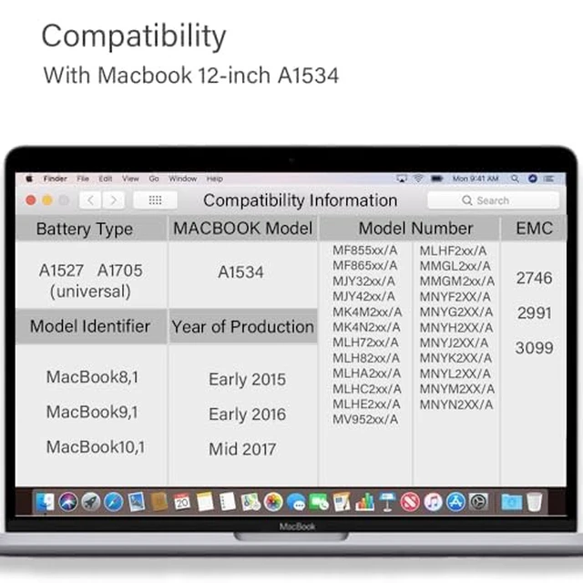 Alt view image 4 of 6 - A1534 A1705 Battery, A1527 A1705 Replacement Battery Compatible with MacBook 12 inch Retina Laptop (Early 2015, Early 2016, Mid 2017) 5300mAh/40Wh,fits EMC 2746 2991 3099