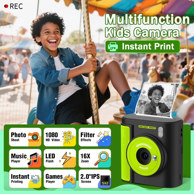 Alt view image 2 of 7 - Kids Camera Instant Print, HD Digital Video & Instant Print Camera for Kids, Fun Christmas Birthday Gifts for Boys and Girls, Comes with 32GB SD Card, Lightweight & Portable - Black