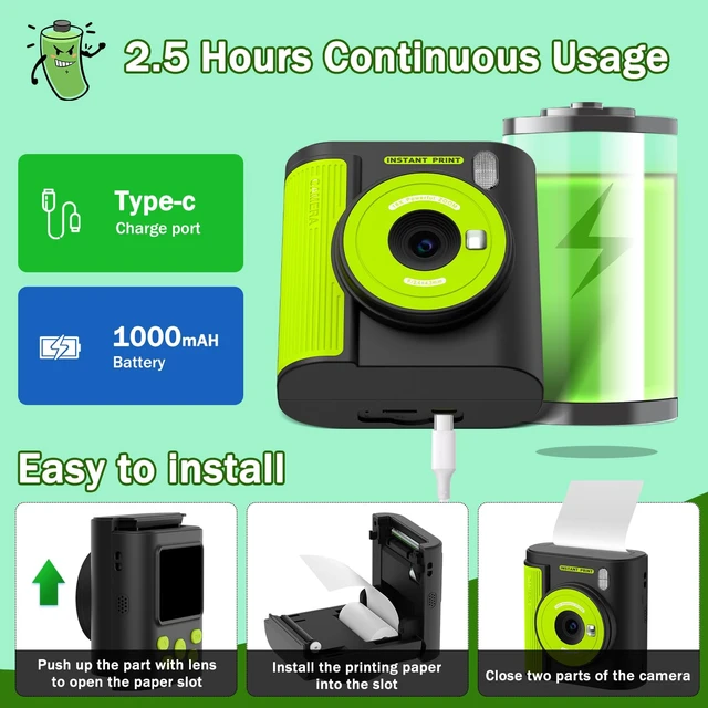 Alt view image 7 of 7 - Kids Camera Instant Print, HD Digital Video & Instant Print Camera for Kids, Fun Christmas Birthday Gifts for Boys and Girls, Comes with 32GB SD Card, Lightweight & Portable - Black
