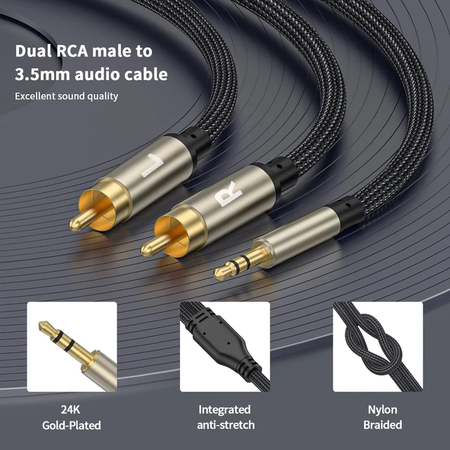 Alt view image 4 of 7 - 26FT 3.5mm to RCA Cable - HiFi Sound Headphone Jack Adapter with Metal Shell RCA Y Splitter for Phone, Speaker, MP3, Tablet, HDTV