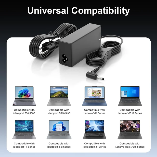 Alt view image 3 of 7 - 65W Laptop Charger for Lenovo IdeaPad 1 3 5 330 Flex 5 6 65W/45W Laptop Charger for Lenovo IdeaPad 3 5 S145 S340 S540 Flex 5 6 V14 V15 Chromebook N22 N23 AC Power Adapter Cord