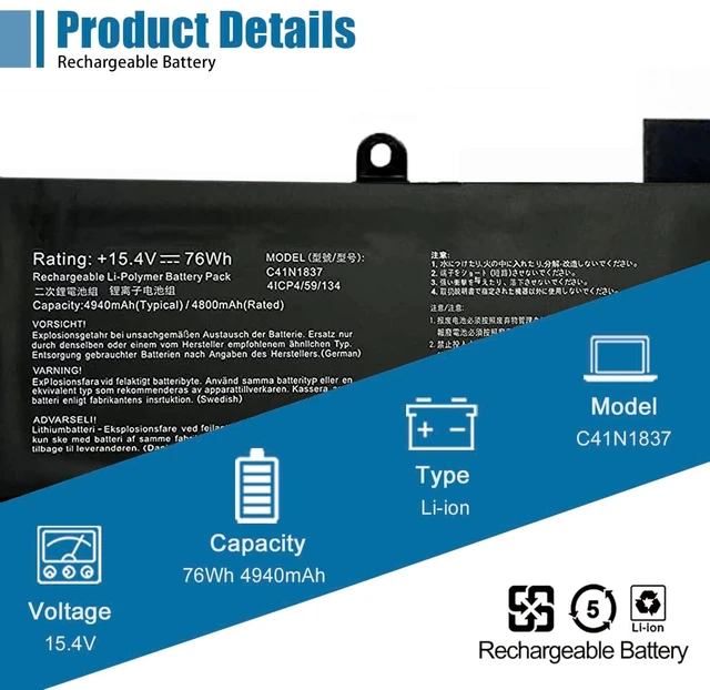 Alt view image 2 of 7 - C41N1837 Laptop Battery Replacement for Asus ROG Zephyrus GA502DU GA502GU GU502DU GU502GU GU502GV GU532GU GU532GV GX502GV GX502GW Series Notebook 0B200-03380100