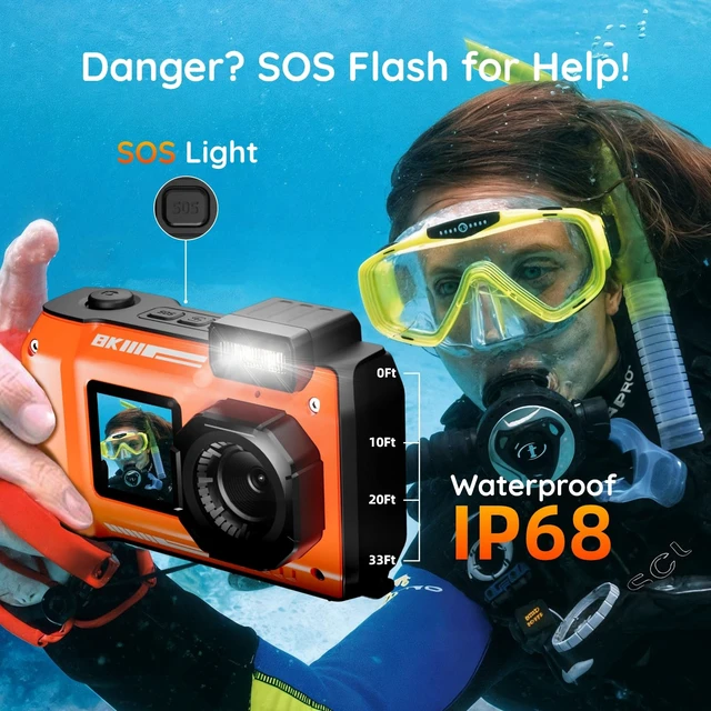 Alt view image 3 of 7 - 8K Underwater Camera - 70MP 33FT Waterproof Camera with 64G Card - Underwater Digital Camera for Snorkeling Floatable Dual-Screen Selfie 2500mAh Battery Point and Shoot Digital (Orange)