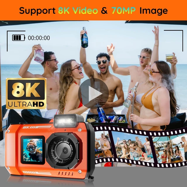 Alt view image 2 of 7 - 8K Underwater Camera - 70MP 33FT Waterproof Camera with 64G Card - Underwater Digital Camera for Snorkeling Floatable Dual-Screen Selfie 2500mAh Battery Point and Shoot Digital (Orange)