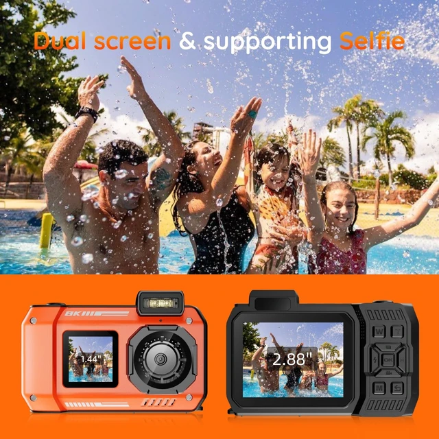 Alt view image 4 of 7 - 8K Underwater Camera - 70MP 33FT Waterproof Camera with 64G Card - Underwater Digital Camera for Snorkeling Floatable Dual-Screen Selfie 2500mAh Battery Point and Shoot Digital (Orange)