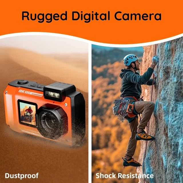 Alt view image 5 of 7 - 8K Underwater Camera - 70MP 33FT Waterproof Camera with 64G Card - Underwater Digital Camera for Snorkeling Floatable Dual-Screen Selfie 2500mAh Battery Point and Shoot Digital (Orange)