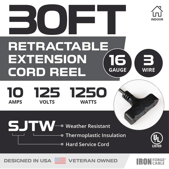 Alt view image 2 of 6 - Extension Cord Reel, 30 Ft, 3 Outlets w/Breaker - Black 16/3 Cable, Retractable Reel, 3 Grounded Outlets, Circuit Breaker, Black - For Garage, Shop & Job Sites