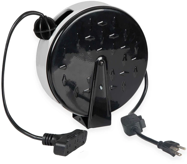Main image of Extension Cord Reel, 30 Ft, 3 Outlets w/Breaker - Black 16/3 Cable, Retractable Reel, 3 Grounded Outlets, Circuit Breaker, Black - For Garage, Shop & Job Sites