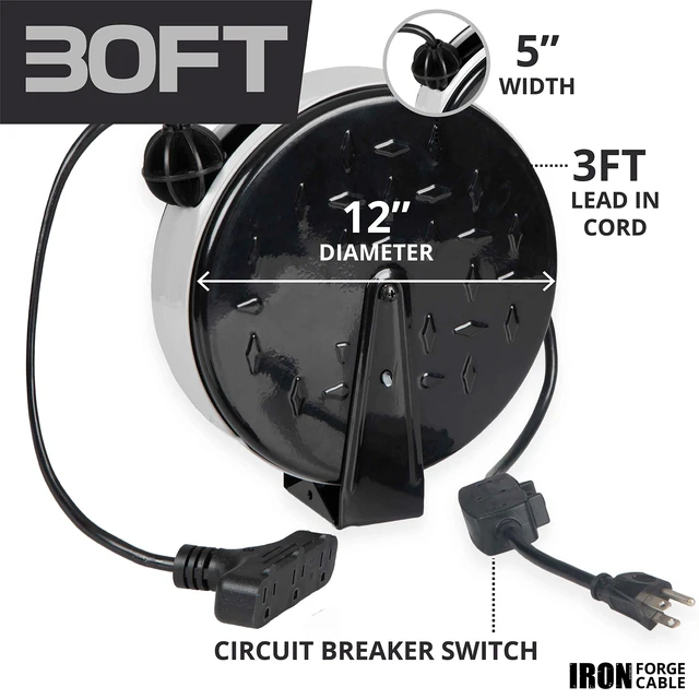 Alt view image 3 of 6 - Extension Cord Reel, 30 Ft, 3 Outlets w/Breaker - Black 16/3 Cable, Retractable Reel, 3 Grounded Outlets, Circuit Breaker, Black - For Garage, Shop & Job Sites