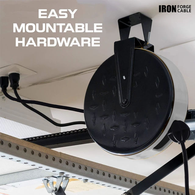 Alt view image 4 of 6 - Extension Cord Reel, 30 Ft, 3 Outlets w/Breaker - Black 16/3 Cable, Retractable Reel, 3 Grounded Outlets, Circuit Breaker, Black - For Garage, Shop & Job Sites