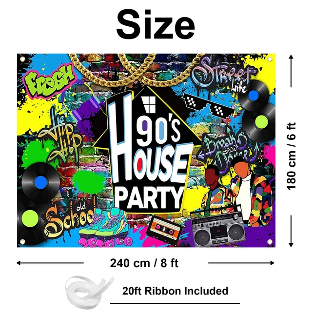 Alt view image 2 of 7 - 90s House Party Backdrop Hip Hop Graffiti 90's Theme House Party Decorations Retro Radio Brick Wall Party Banner (8x6ft)