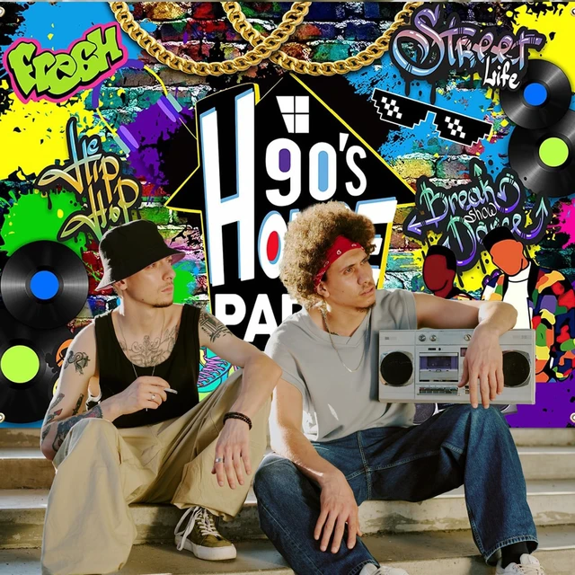 Alt view image 4 of 7 - 90s House Party Backdrop Hip Hop Graffiti 90's Theme House Party Decorations Retro Radio Brick Wall Party Banner (8x6ft)