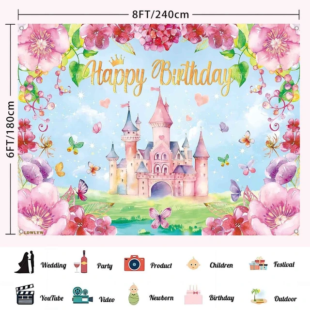 Alt view image 3 of 7 - 8x6ft Princess Happy Birthday Backdrop Banner Pink Princess Castle Birthday Party Decorations Supplies for Girls Butterfly Flower Castle Theme Photography Background Wall Decor