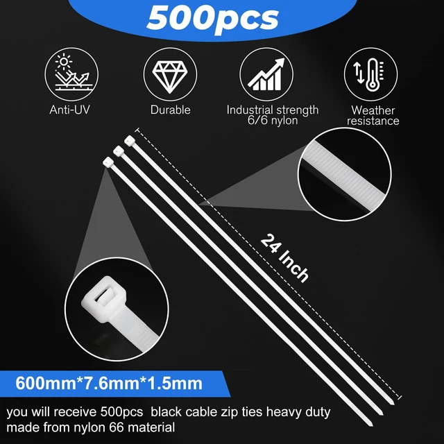 Alt view image 2 of 7 - 500 Pack Long Zip Ties Heavy Duty, Large Cable Ties, White, 24 Inch Self-locking Tensile Strength Cable Ties Large Wire Ties for Cable Organizing, Garden, Home Organizing, Indoor Outdoor