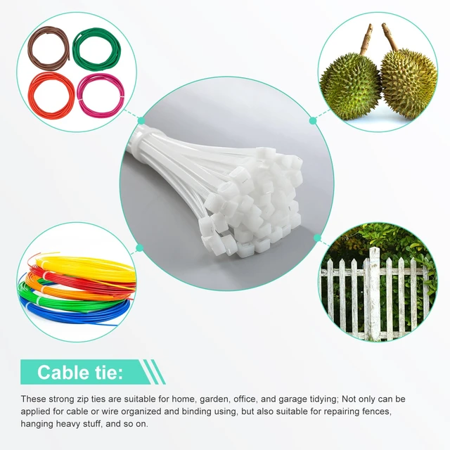 Alt view image 7 of 7 - 500 Pack Long Zip Ties Heavy Duty, Large Cable Ties, White, 24 Inch Self-locking Tensile Strength Cable Ties Large Wire Ties for Cable Organizing, Garden, Home Organizing, Indoor Outdoor