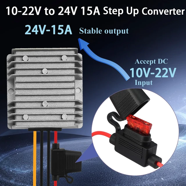 Alt view image 2 of 7 - DC 10-22V Step Up to 24V 15A 360W DC Boost Converter with Fuse Voltage Regulator 12V 18V 20V 22V to 24V DC Power Supply Converter Waterproof Module Transformer for Golf Cart CNC Equipment