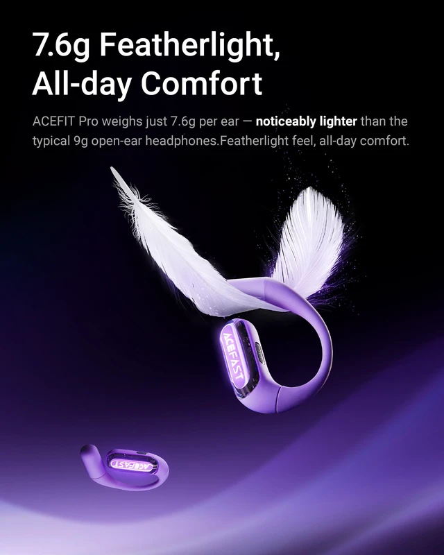 Alt view image 5 of 7 - AceFit Pro Open-Ear Headphones, Night Safety Mode for Sports, Powerful Bass, 7.6g Ultra-Comfort, Bluetooth 5.4, 30H Playtime with Digital Display, IP54 Sports Earbuds for Running & Workouts